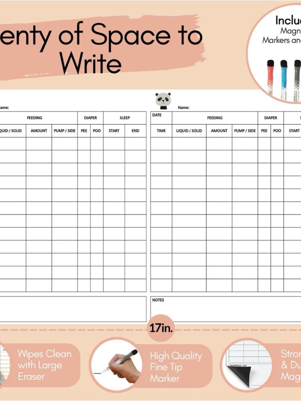Mewl Twins Baby Log Whiteboard Reusable Baby Chart to Track Feedings, Diapers